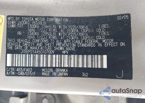 2005 Toyota Highlander V6 из США, поврежденный, VIN JTEEP21A450107009